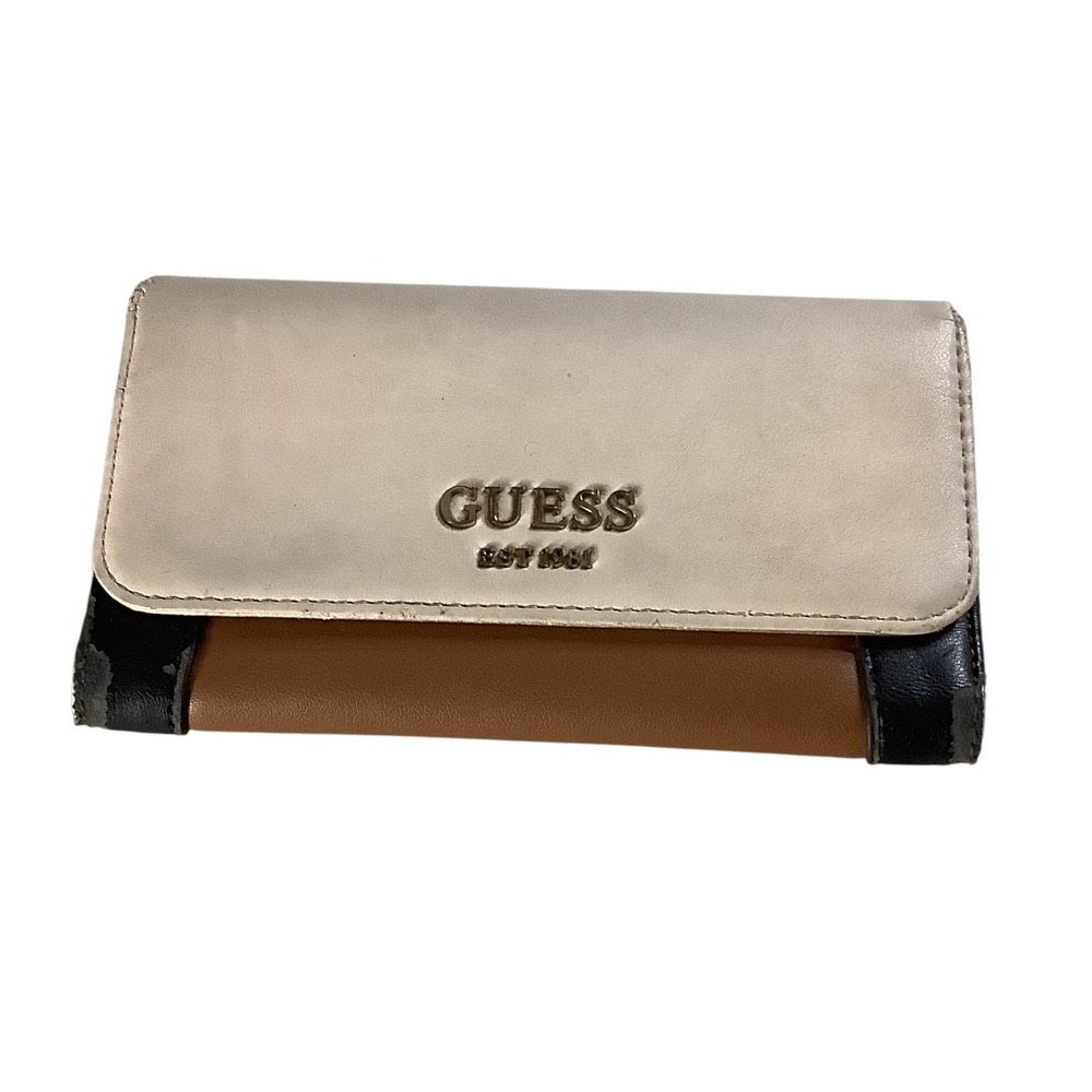 GUESS Tri-Fold Wallet Womens Tan Cream Black Colorblock Logo Faux Leather